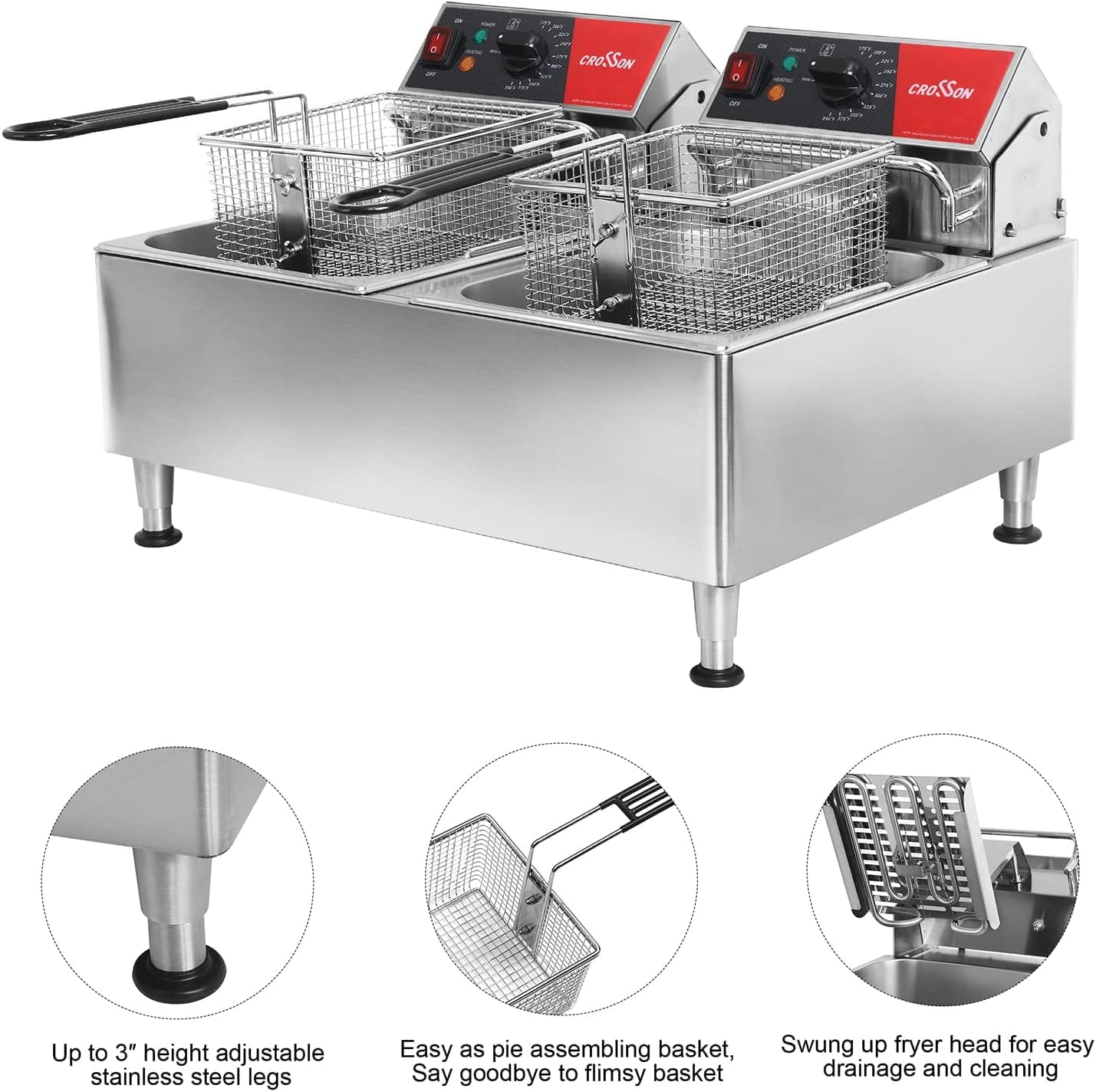 CROSSON Dual Tank Commercial Countertop Electric Deep Fryer