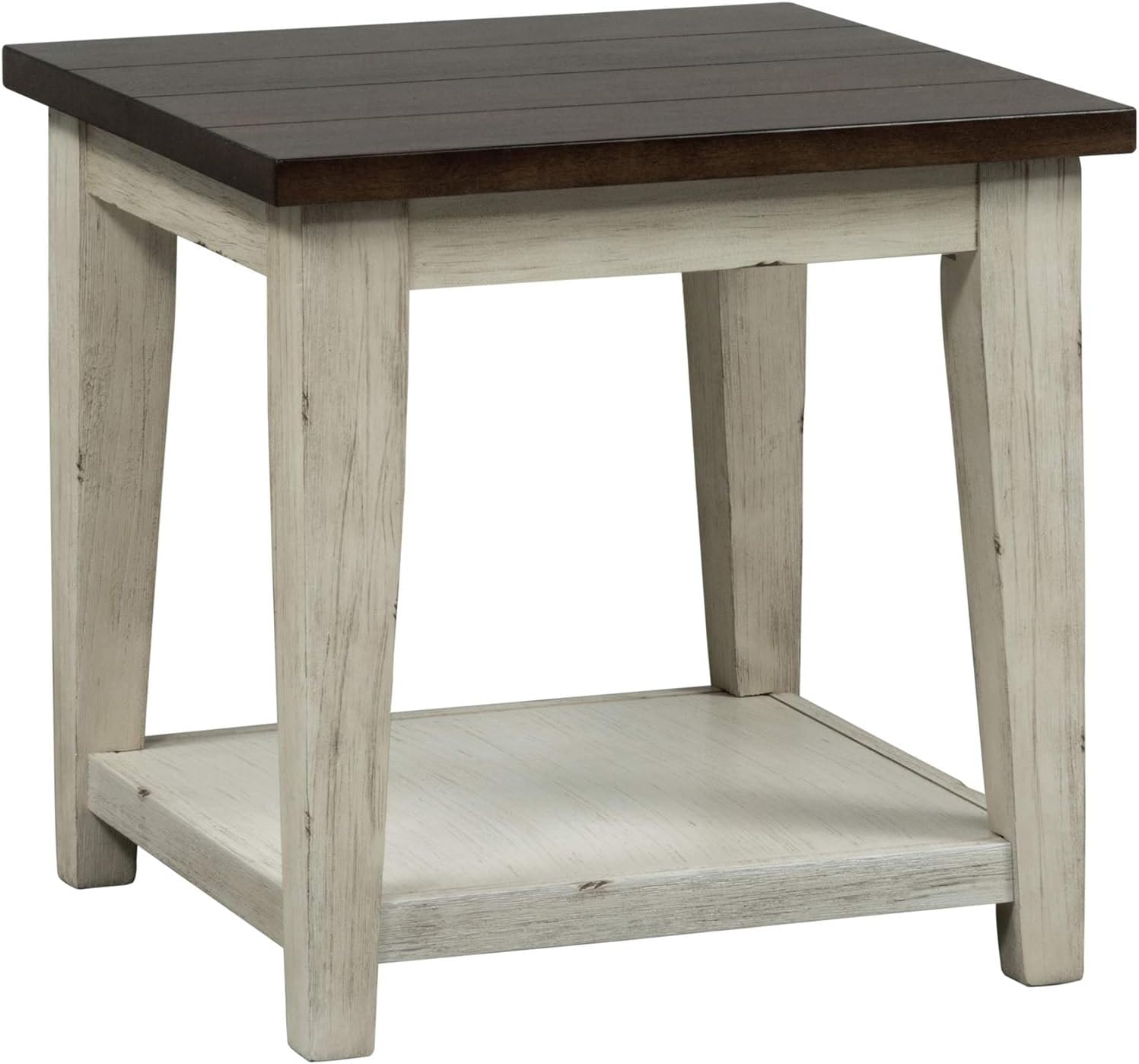 Two-tone farmhouse square end table with dark brown top and distressed off-white base