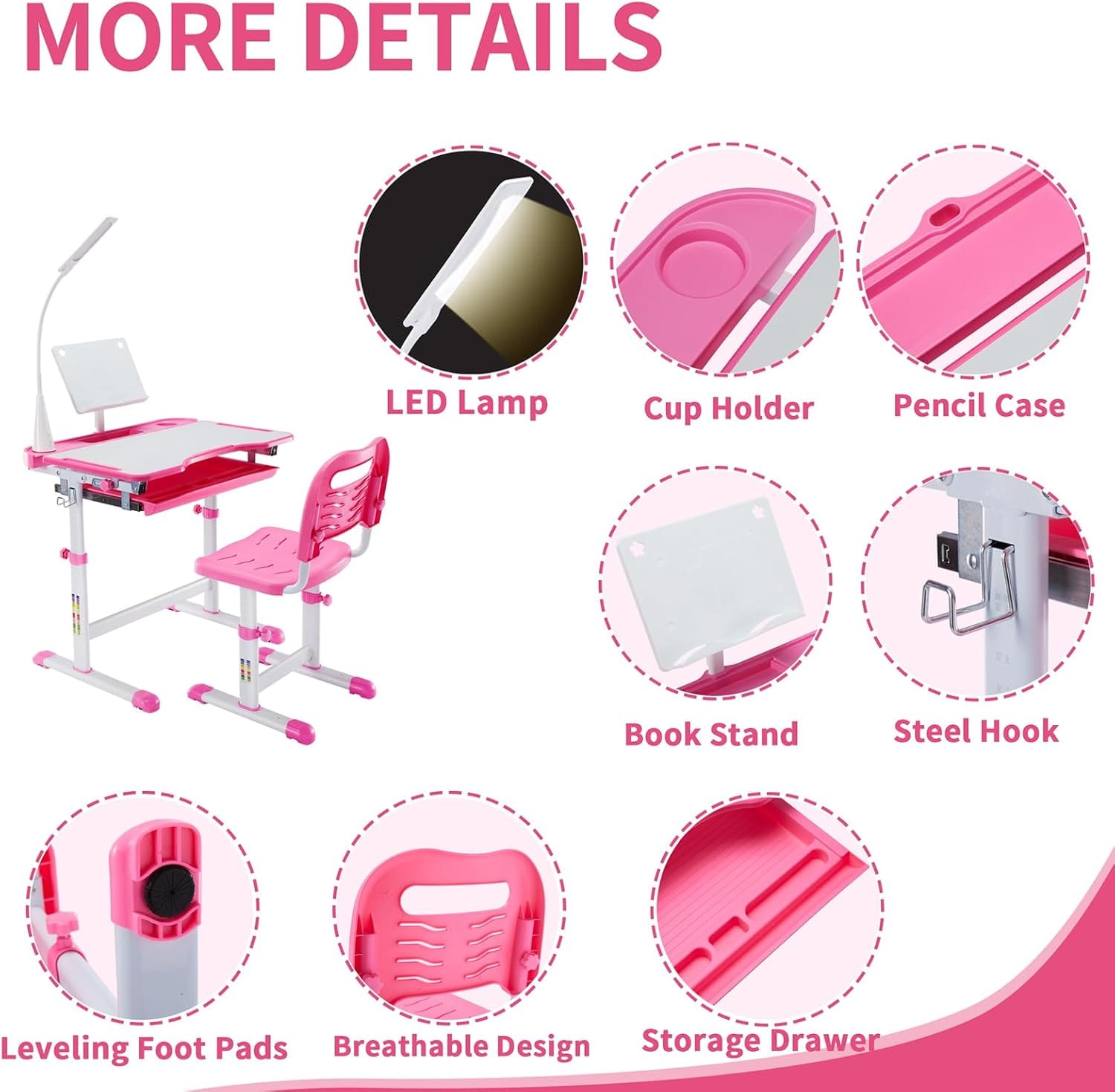 Pink Height Adjustable Kids Desk and Chair Set with LED Lamp