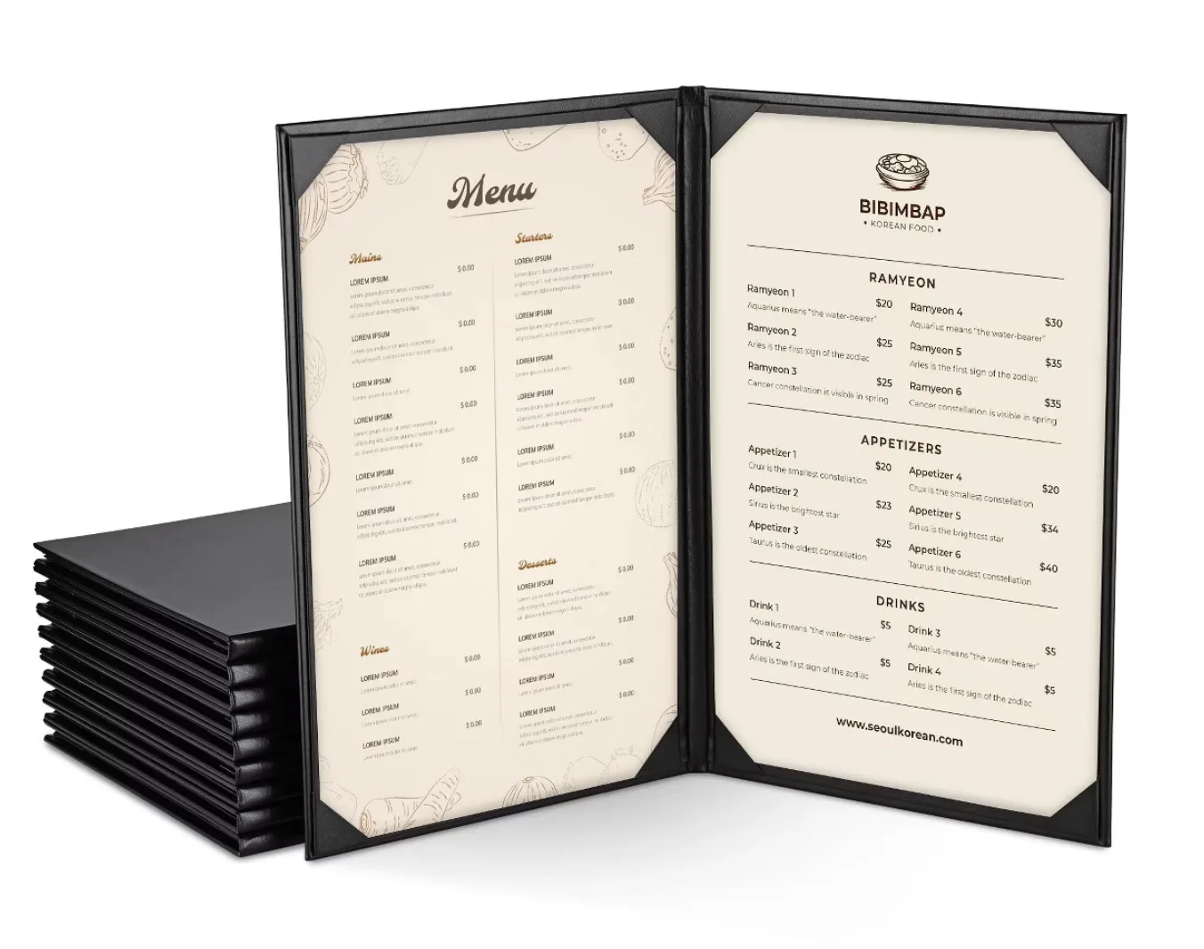 Black Faux Leather 8.5x11 Restaurant Menu Covers Pack