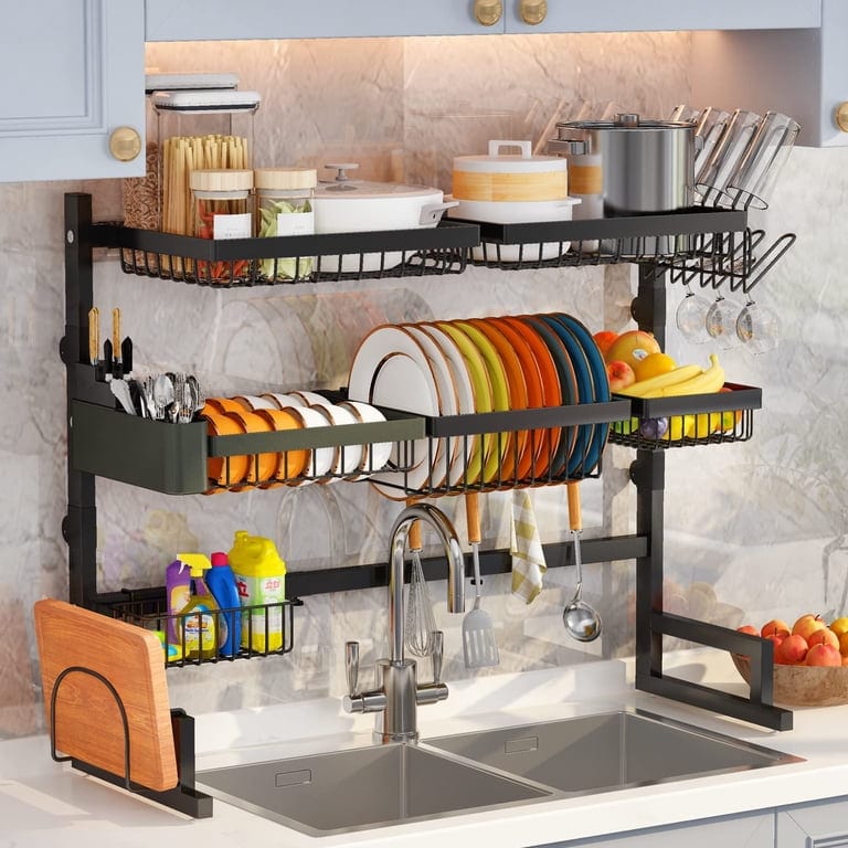 CUISIBOT Over Sink Dish Drying Rack, 3-Tier Full Stainless Steel Drainer Dish Rack Adjustable 20.9''-37.4'', Expandable Multifunctional Kitchen Organizer